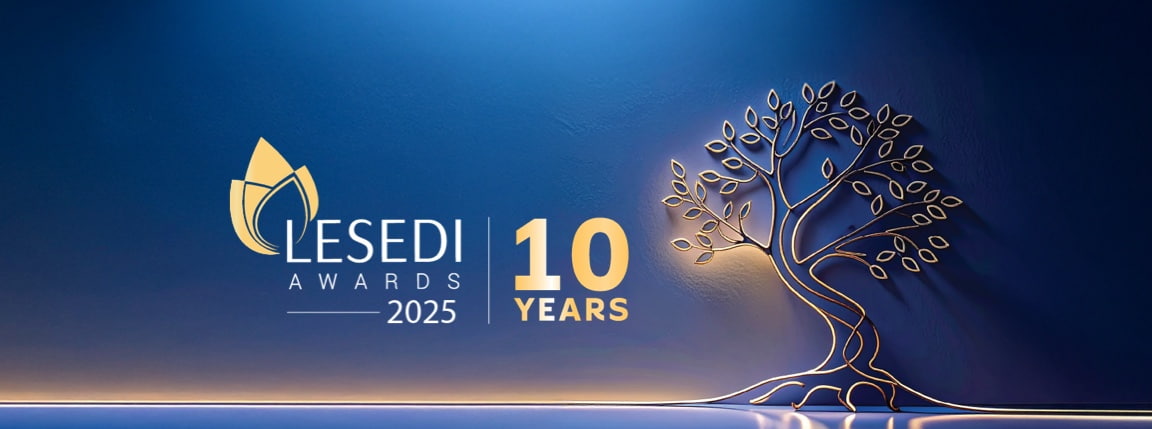 Lesedi Awards 2025 with branded icon of golden lotus. Celebrating 10 years of impact represented by a golden tree.